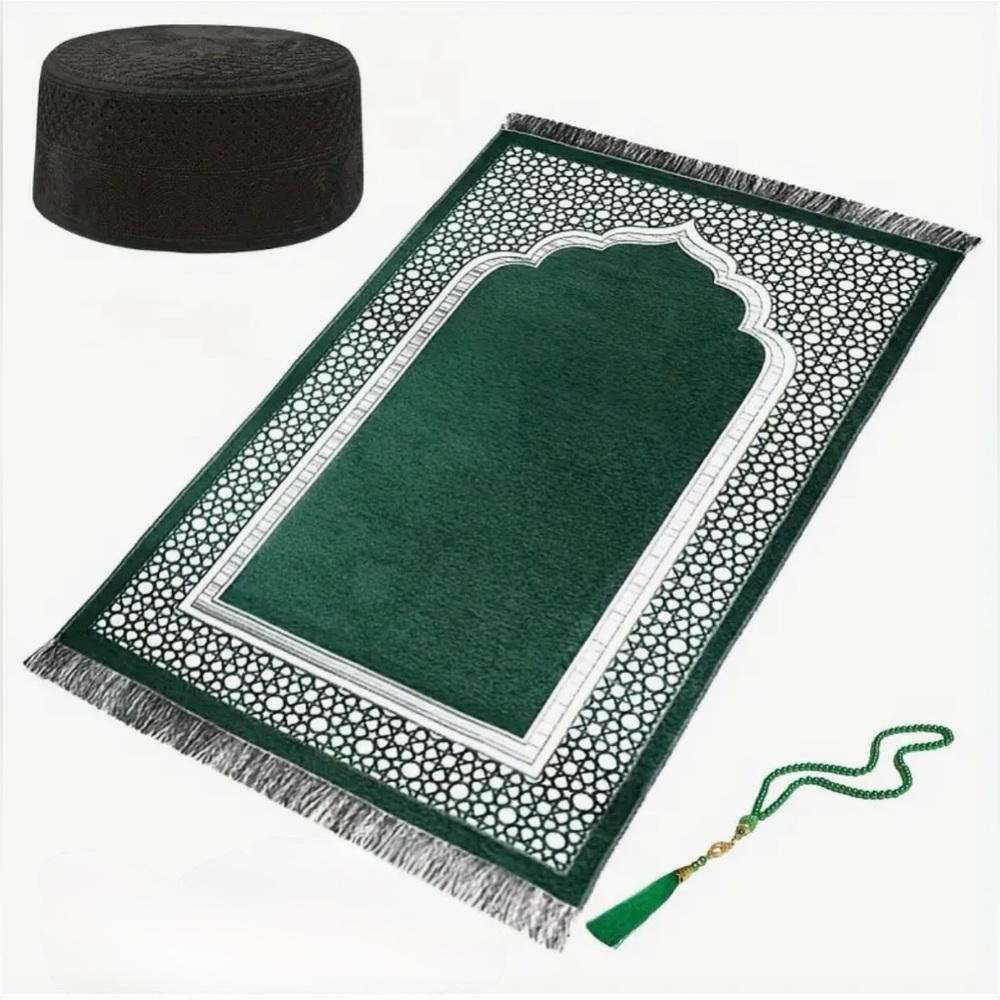 Green Prayer Rug with Black Cap and Beads ( Tasbie )
